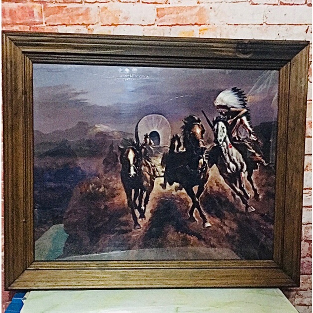 Vintage Framed Western Art Print Night Attack by J. Kauffman